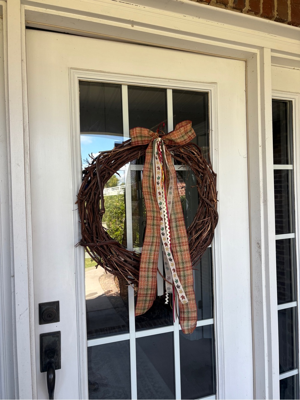 Handcrafted Wreath Bow with Plaid Ribbon - White/Orange Accent